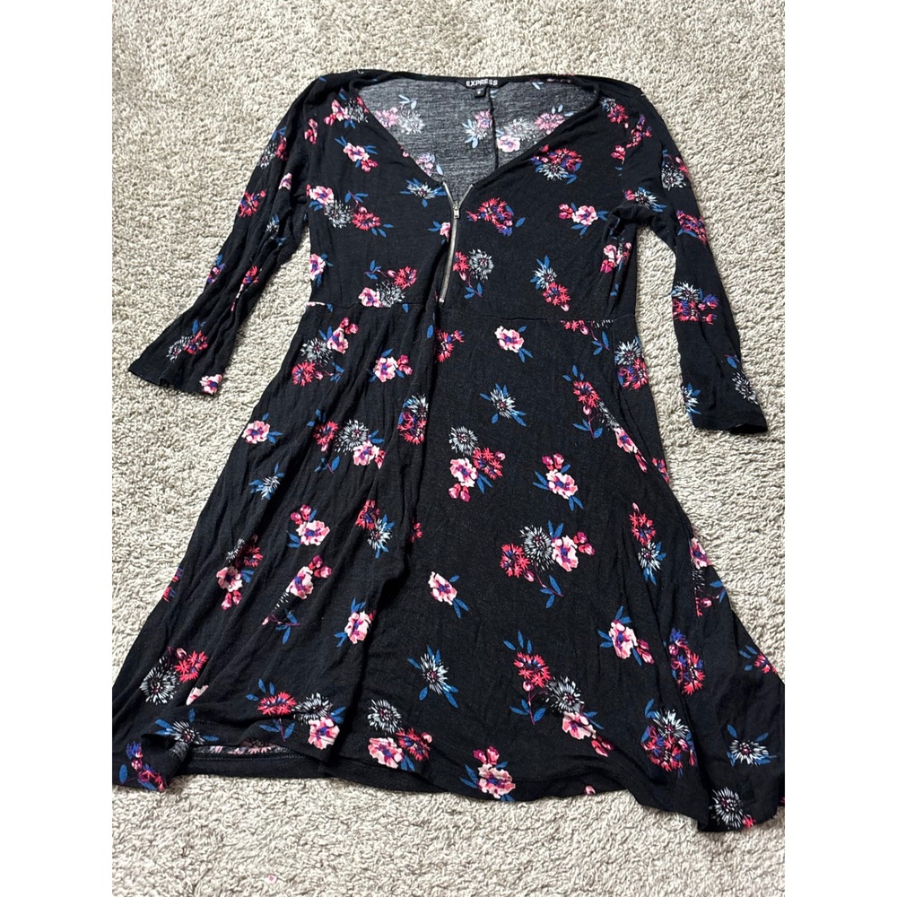 Express Black Floral Zipper V-Neck Fit and Flare Long Sleeve Dress Womens Medium